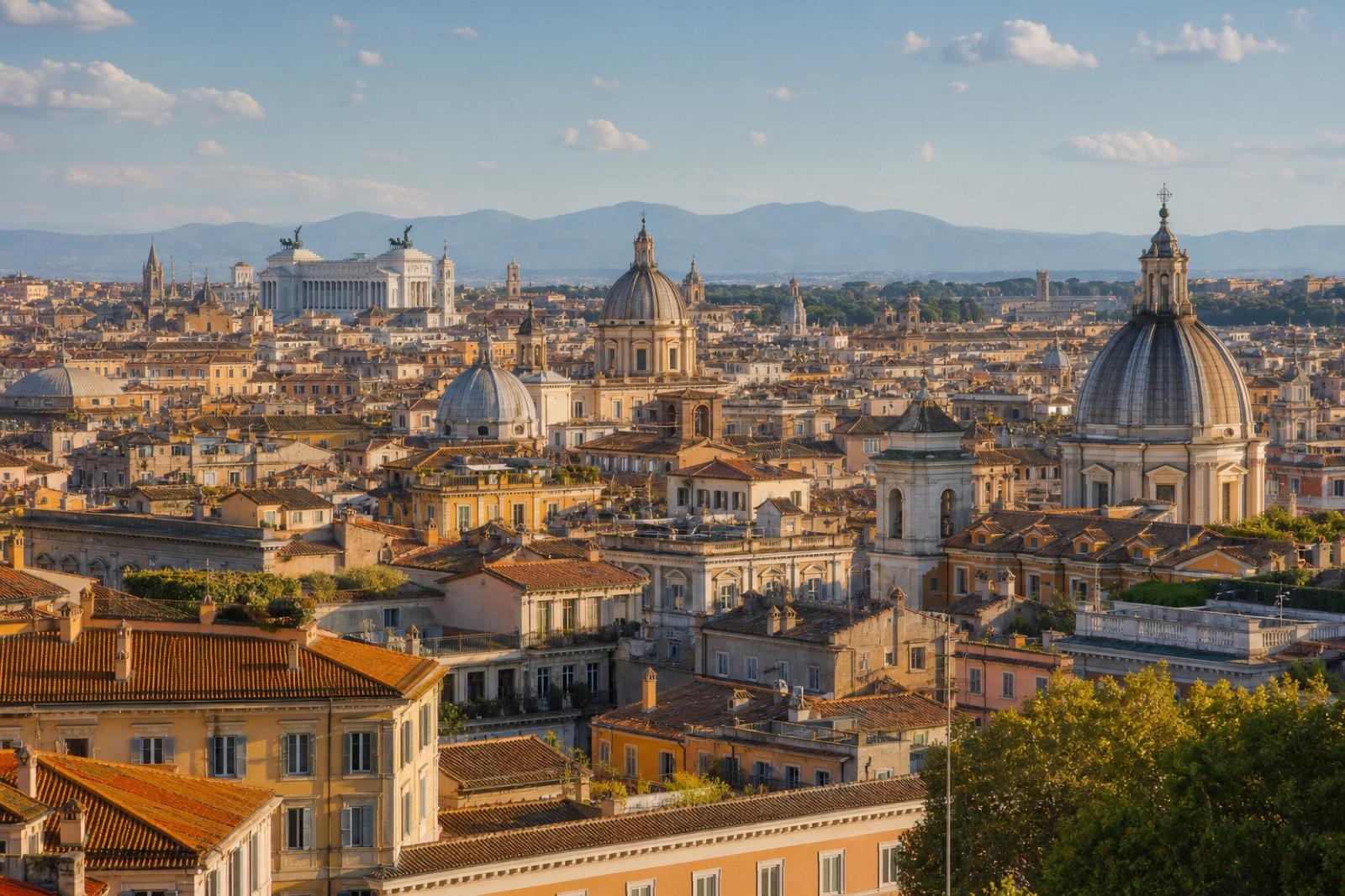 Panorama de Roma con tejados, cúpulas y edificios históricos